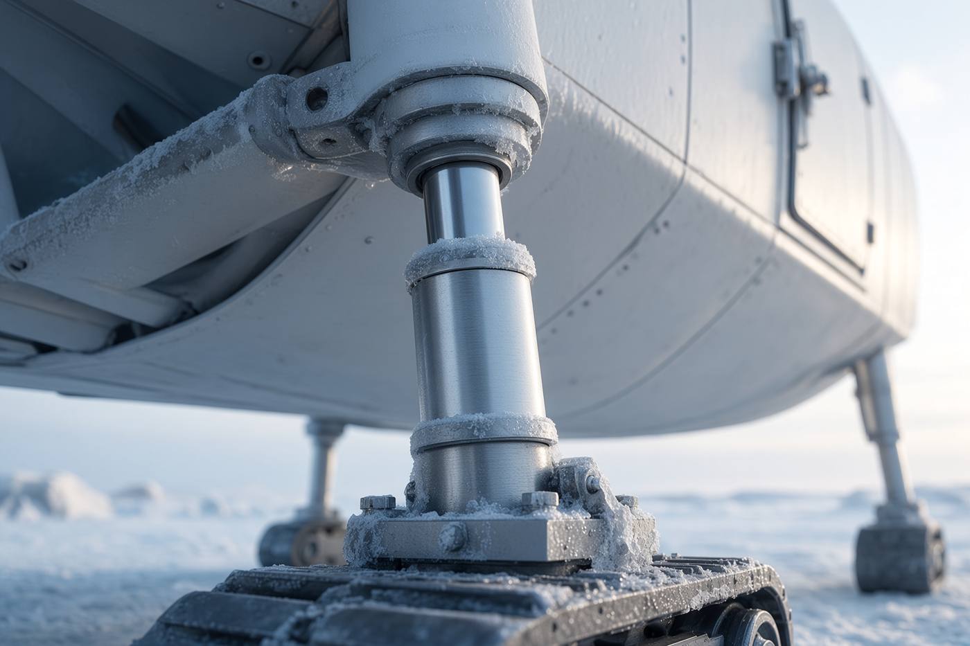 Three-stage telescoping Heighliner landing leg in snow